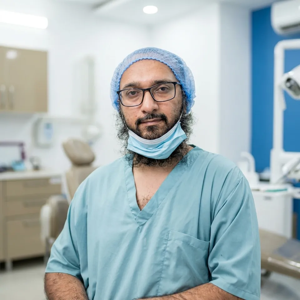 Dr. Taj Mahmood in teal scrubs and a surgical cap in the Dental Valley treatment room