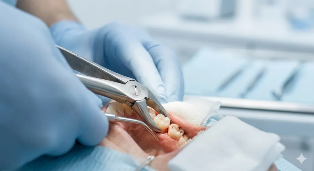 Dentist in blue gloves using extraction forceps on a lower back tooth