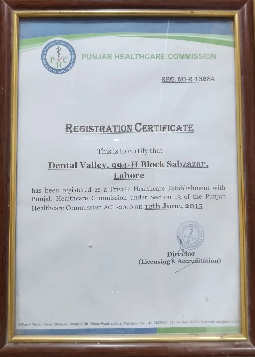Punjab Healthcare Commission registration certificate for Dental Valley, 994-H Block Sabzazar, Lahore