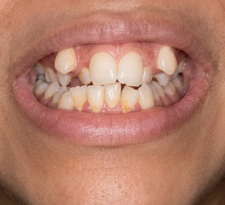 Before braces: crowded, crooked front teeth with the upper canines sitting out of line