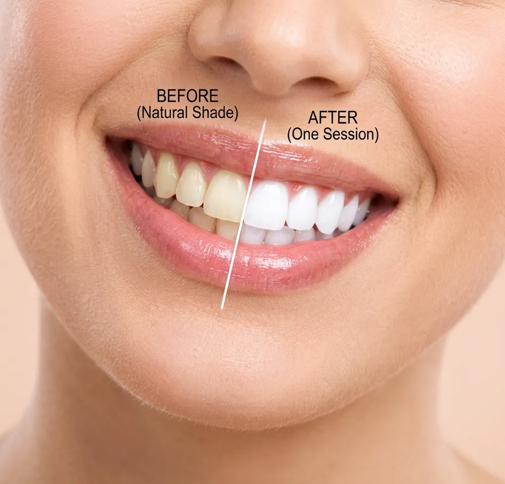 Teeth whitening comparison: natural yellowish shade on one side, visibly whiter teeth after one session on the other